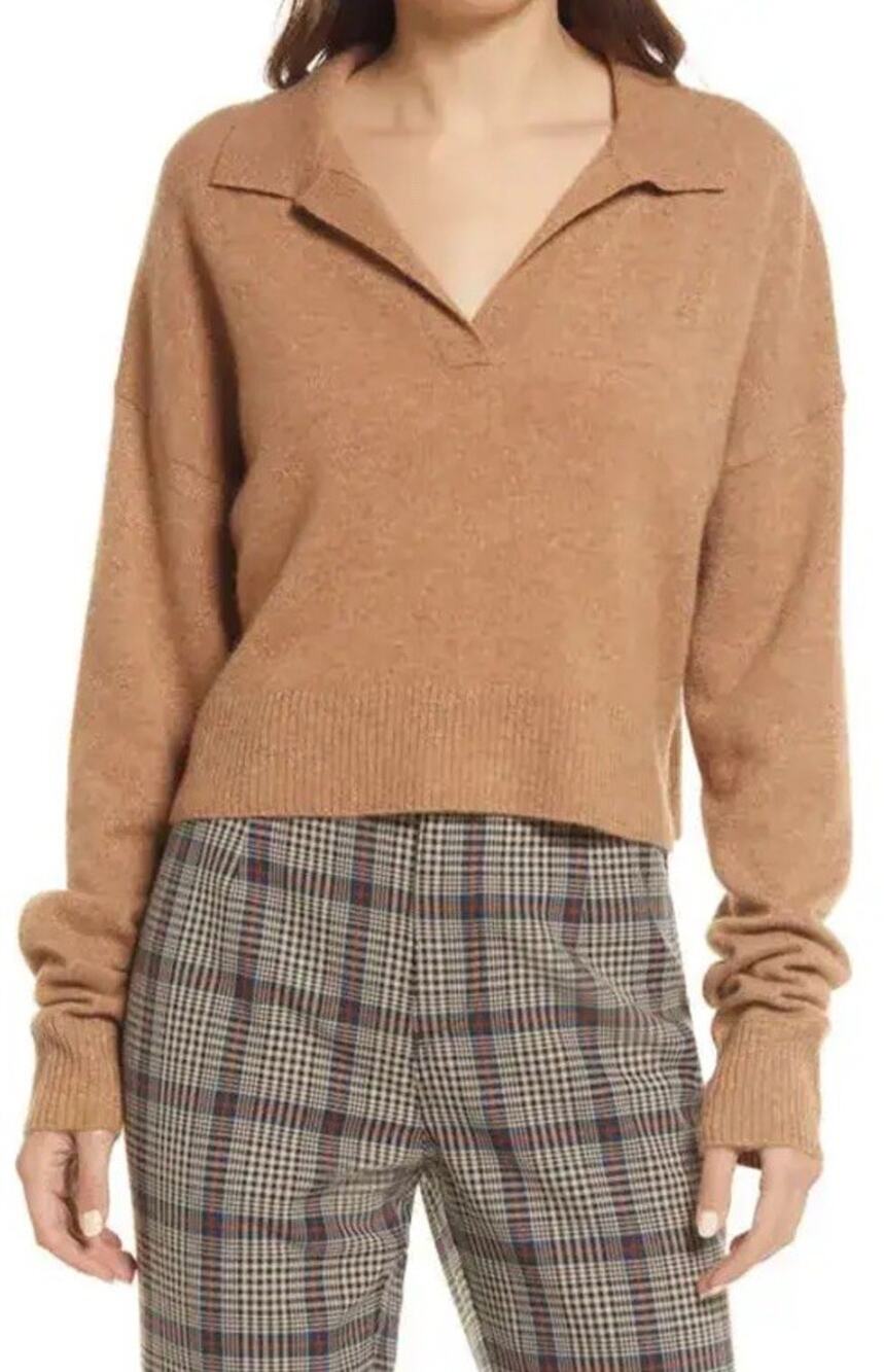 Reformation 100% Cashmere Polo Sweater XS Camel Collared Knit Pullover